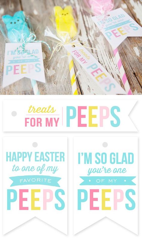 Quick and easy Peeps Pops with free printable gift tags. Peeps Marketing Ideas, Easter Candy Gram Ideas, Peep Printable, Small Easter Gift Ideas, Easter Marketing Ideas, Peeps Printable, Happy Easter Peeps, Easter Marshmallow, Easter Gift Tags