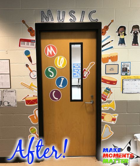 Preschool Music Room Decor, Decorate Music Classroom, Preschool Music Classroom Decor, Music Class Door Decor, Music Classroom Door Ideas, Music Class Decor, Music Classroom Decor Ideas, Elementary Music Bulletin Board Ideas, Instrument Organization