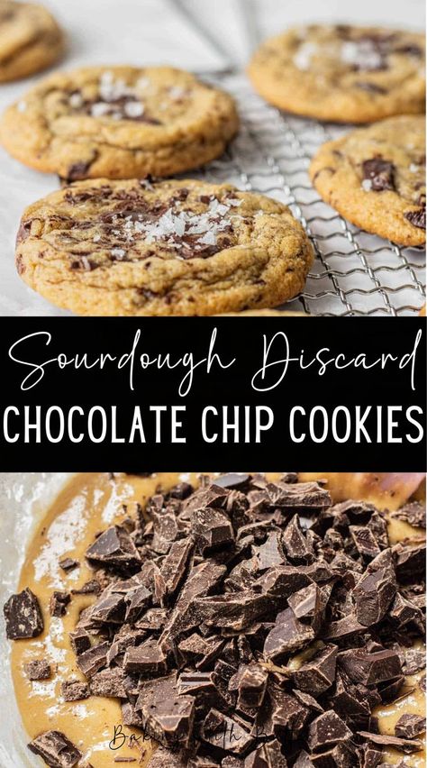 These sourdough discard chocolate chip cookies are so easy to make and taste delicious! They use sourdough starter discard, browned butter, and plenty of chocolate chunks. It has a tangy flavor, which can add depth and complexity to the flavor of these cookies Sourdough Discard Chocolate Chip Cookies, Discard Chocolate Chip Cookies, Use Sourdough Starter, Use Sourdough Discard, Sourdough Starter Discard, Recipe Using Sourdough Starter, Brown Butter Cookies, Sourdough Recipe, Brown Butter Chocolate Chip Cookies