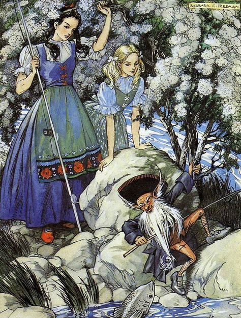 snow-white and rose-red | Snow White and Rose Red -- Barbara C. Freeman -- Fairytale ... Vintage Artstyle, Snow White And Rose Red, Snow White Fairytale, Red Snow, German Folk, Fairytale Nursery, Fairy Tale Illustration, Classic Fairy Tales, Fairytale Fantasies