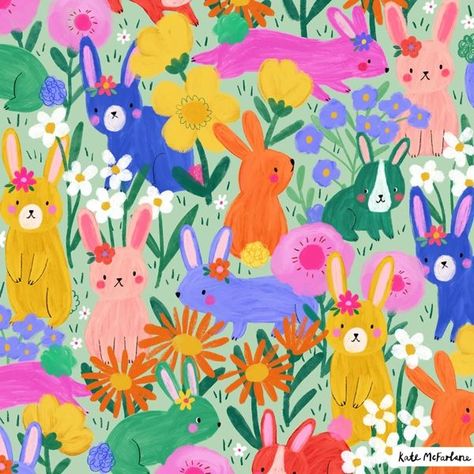 Kate Mcfarlane, Garden Graphic, Flower Meadow, Bunny Pattern, Kids Pjs, Year Of The Rabbit, Hide And Seek, Whimsical Garden, Art Licensing