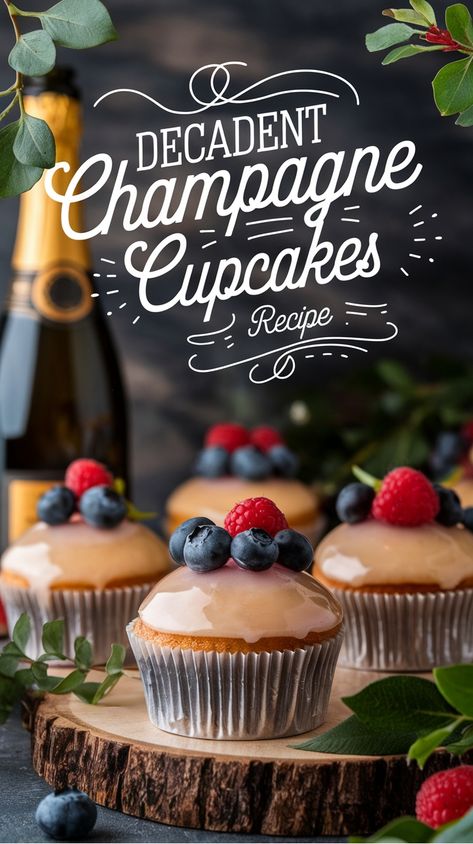 Decadent champagne cupcakes topped with berries, displayed with a champagne bottle. New Years Eve Desserts Ideas, New Years Eve Desserts Fancy, New Year’s Eve Dessert Party, New Years Eve Cupcake Ideas, New Year’s Eve Deserts, New Year's Eve Desserts, New Year’s Day Dessert, New Year’s Eve Dessert Ideas, New Years Eve Deserts