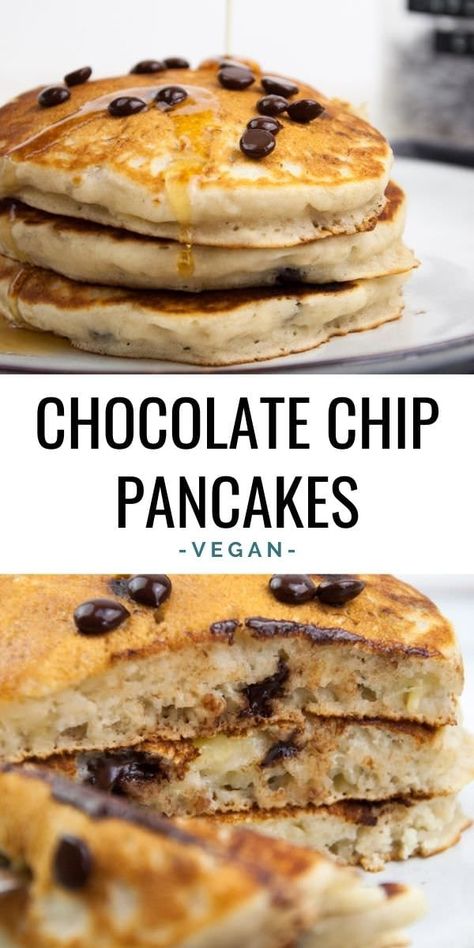 These vegan Chocolate Chip Pancakes are quick and easy to make! Add some chocolate chips into the pancake batter, a couple more to add on top, and drizzle the pancakes with maple syrup. It's the most perfect breakfast ever! | ElephantasticVegan.com #vegan #pancakes #chocolatechips Vegan Chocolate Chip Pancakes, Vegan Oatmeal, Favorite Breakfast Recipes, Brownie Desserts, Oatmeal Pancakes, Chocolate Chip Pancakes, Desserts Vegan, Tofu Scramble, Vegan Pancakes