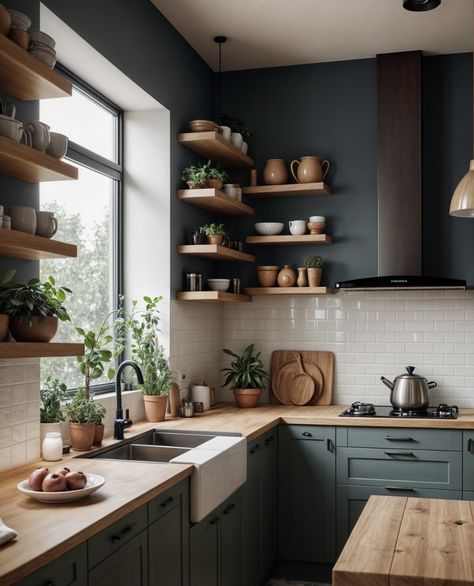 Blue Kitchen Furniture, Small Open Plan Kitchens, Farmhouse Kitchen Inspiration, Closed Kitchen, Green Kitchen Cabinets, Kitchen Decor Apartment, House Design Kitchen, Cozy Kitchen, Blue Kitchen