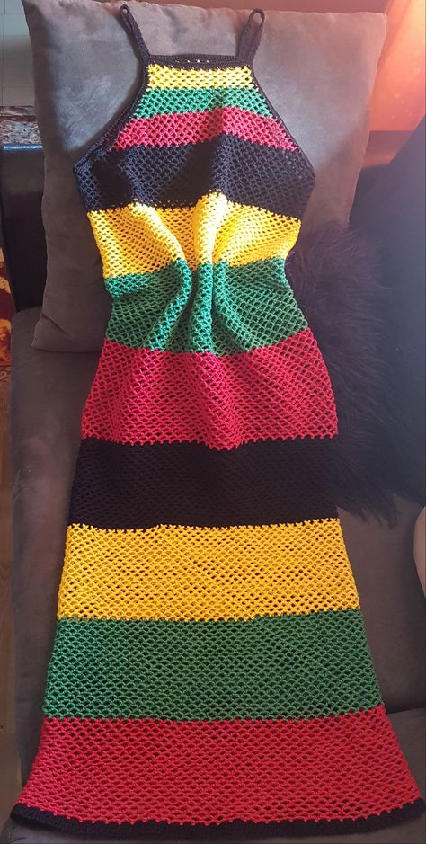 Rasta Crochet Dress, Rasta Crochet, Crochet Long Dress, Rasta Dress, Slouch Hat Crochet Pattern, Crochet Dress Outfits, Crochet Short Dresses, Crochet Long Dresses, Jamaican Colors