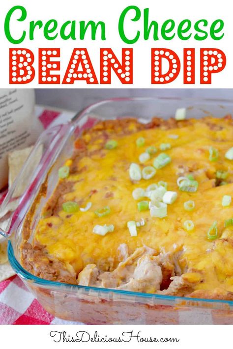 The BEST Bean Dip out there! You can't go wrong with Cream Cheese Bean Dip made with refried beans, Rotel tomatoes, and cheddar cheese. #beandip #creamcheesebeandip Cheese Bean Dip, Best Bean Dip, Cream Cheese Bean Dip, Bean Cheese Dip, Easy Bean Dip, Bean Dip Recipe, Bean Dip Recipes, Healthy Appetizer, Make Ahead Appetizers