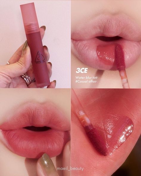 3ce Lip Tint, Swatch Lipstick, 3ce Blur Water Tint, 3ce Lipstick, 3ce Makeup, Water Tint, Latihan Dada, Lip Shades, Peach Makeup