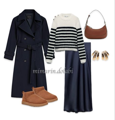 Navy satin skirt, ugg, striped knitwear, gold earrings, navy coat Navy Satin Skirt Outfit, Navy Satin Skirt, Skirt Outfit Inspiration, Satin Skirt Outfit, Striped Knitwear, Navy Coat, Navy Skirt, Skirt Outfit, Satin Skirt