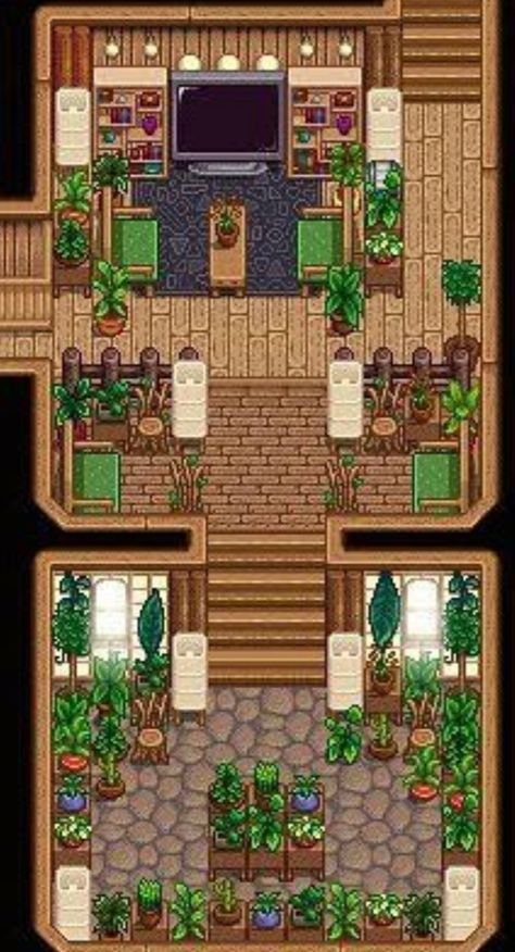 Stardew Valley Tea Room Design, Stardew Interior Ideas, Plant Room Stardew Valley, Stardew Coop Interior, Tea Room Stardew Valley, Stardew Valley House Paint Ideas, Stardew Valley Plant Room, Stardew Valley Library Room, Interior Design Stardew Valley