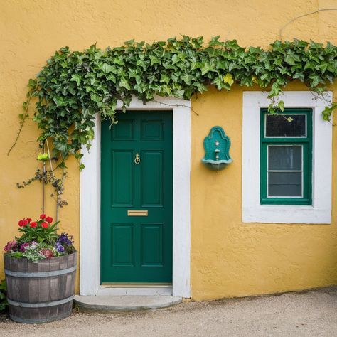 Front Door Color For Yellow House 💛💛💛 House Colors Exterior Yellow, Yellow Entry Door, Front Door Colors For Beige House, Yellow House Aesthetic, House Doors Colors, Yellow House Exterior, Bright Front Doors, Front Door Color, House Remodeling