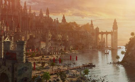 Fantasy Sunset, Fantasy Palace, Arnold Render, Autodesk Maya, Fantasy Island, Location Inspiration, My Fantasy World, Sunset City, Fantasy City