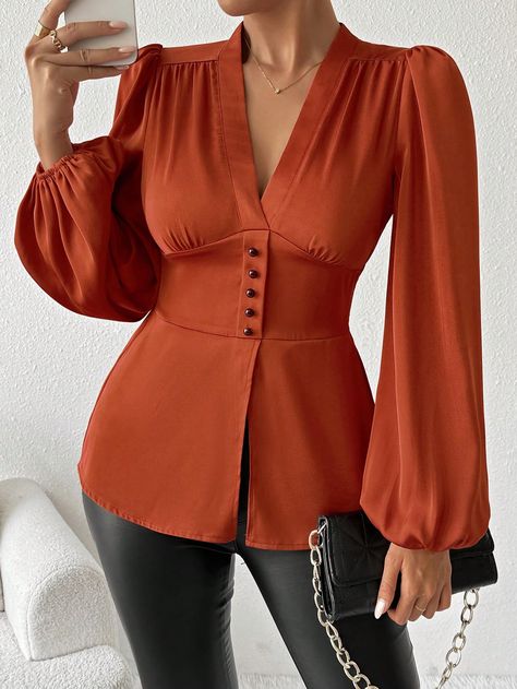 SHEIN Privé Women's Elegant V-Neck Lantern Sleeve Cinched Waist Long Sleeve Blouse, AutumnI discovered amazing products on SHEIN.com, come check them out! Blouse Casual, Extra Long Sleeves, Elegant Casual, Elegant Blouses, Plain Tops, Elegant Shirt, Sleeve Cardigan, V Neck Blouse, Bell Sleeve