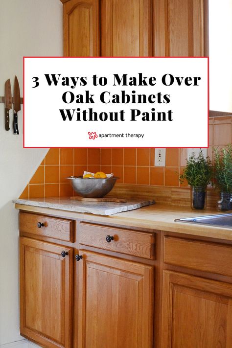 Find 3 ideas for refreshing oak cabinets without using paint, according to a pro. Oak Effect Kitchen Cabinets, Updated Oak Cabinets Without Painting, Wooden Upper Cabinets Painted Lower, Update Old Oak Bathroom Vanity, Painting Wooden Cabinets Kitchens, Upgrade Oak Kitchen Cabinets, Distressed Oak Cabinets, Oak Kitchen Shelves Ideas, No Paint Cabinet Makeover