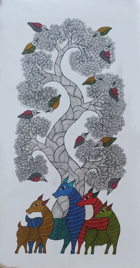 By Ramesh Singh Vyam This Artistic piece “Group of Colourful Deer” is a Gond Tribal Style of painting designed by Ramesh Singh Vyam. Gond art is a traditional tribal art made by dashes and dots Painting is on canvas and comes unframed. The painting size is 12 inches x 24 inches Gond Art Pattern, Gond Art Motifs, Gond Painting Design, Gond Painting Folk Art, Pithora Painting, Gond Art Paintings, Traditional Madhubani Art, Soumitra Chatterjee, Dots Painting