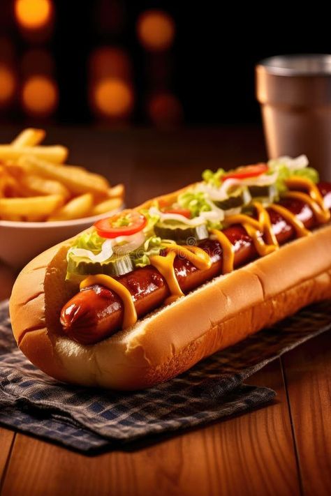 Delicious hotdog, sausage in bread close-up with French fries. Fast food. Menu stock images Hot Dog And Fries, Hot Dogs Negocio Ideas, Hot Dog Photography, Bbq Grill Logo, Frozen Lunches, Easy Protein Meals, African Cooking, Fast Food Menu, Food Photoshoot