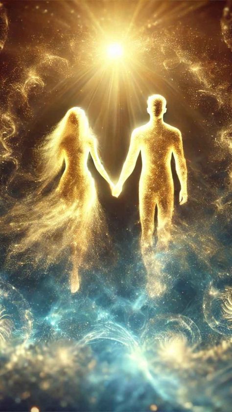 An ethereal cosmic aesthetic art illustration portraying a magical representation of love. The Divine Masculine and Divine Feminine, symbolizing union, are immersed in celestial light, their couple aesthetic radiating divine love. Their silhouettes gently holding hands in the infinite cosmos, manifesting an exquisite depiction of romantic transcendence. Soulmates Art, Twin Flame Art, Vision Book, Flame Art, Easy Wall Hanging, Couple Silhouette, Twin Souls, Spiritual Love, Love Animation Wallpaper