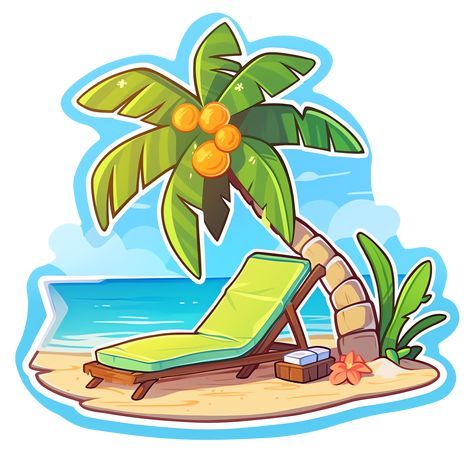 Cute Kawaii Summer Beach Vocation with Sun Lounger and Palm Trees Sticker Beach Sun Illustration, Breeze Illustration, Thumbprint Painting, Palm Tree Sticker, Doodles Ideas, Kawaii Summer, Beach Cake, Beach Drawing, Beach Cakes