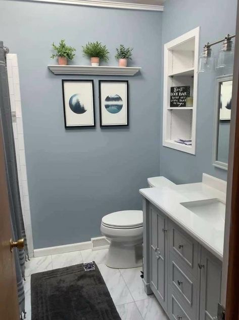 Behr Intercoastal Gray Behr Intercoastal Gray, Intercoastal Gray, Bathroom Color Schemes Gray, Restroom Colors, Grey Bathroom Paint, Blue Bathroom Walls, Gray Bathroom Walls, Light Grey Bathrooms, Grey Bathroom Cabinets