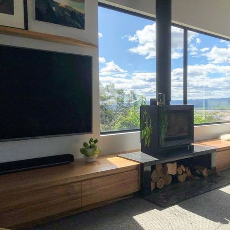 Dark Forest Design on Instagram: "So happy to see this Bench seat - entertainment unit installed, it looks like its always been there and completes the space perfectly! Thank you @roseyd for this beautiful picture and for trusting us to create your masterpiece! #benchseat #entertainmentunit #tasoak #timber #tasmania #hancrafted #builder #darkforestdesign" Tv Wall Design With Bench Seat, Under Tv Bench, Bench Seat Under Tv, Tv Under Window, Bench Under Tv, Concrete Bench Seat, Built In Bench Seating, Built In Window Seat, Fireplace Windows