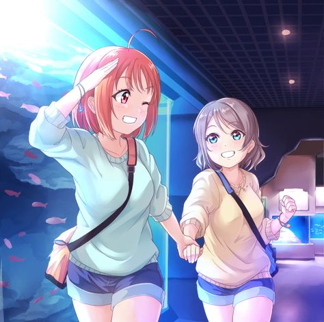 Takami Chika and Watanabe Yo. Live Fanart, Idoly Pride, Love Live Sunshine, Sunshine Love, Anime Friendship, Anime Sisters, Friends Laughing, Anime Best Friends, Love Live