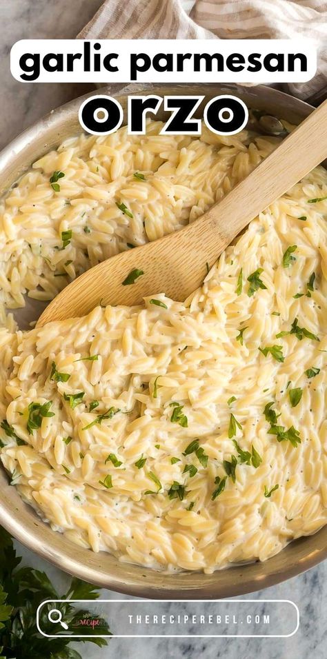 Indulge in the ultimate comfort food with this Creamy Garlic and Parmesan Orzo Delight. Perfect for cozy nights or impressing dinner guests, this dish combines tender orzo pasta with a rich, velvety sauce infused with garlic and topped with a generous sprinkle of Parmesan cheese. Easy to make and bursting with flavor, it's a surefire way to elevate your meal game. Whether you're a seasoned chef or a kitchen newbie, this recipe is a must-try for anyone who loves creamy, cheesy goodness. Creamy Orzo Side Dish, Creamy Garlic Orzo Recipes, Orzo Pasta Meals, Garlic Parmesan Orzo Pasta, Garlic Parm Orzo Recipes, Orzo Caesar Salad, Easy Creamy Orzo Recipes, Orzo As A Side Dish, Creamy Spinach Orzo Recipes