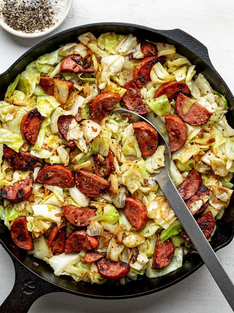 Sautéed Cabbage and Sausage Cabbage Sausage Potato, Sausage Cabbage Skillet, Sautéed Cabbage, Cabbage Sausage, Cabbage And Potatoes, Sauteed Cabbage, Cabbage And Sausage, Sausage Dishes, Southern Recipes Soul Food