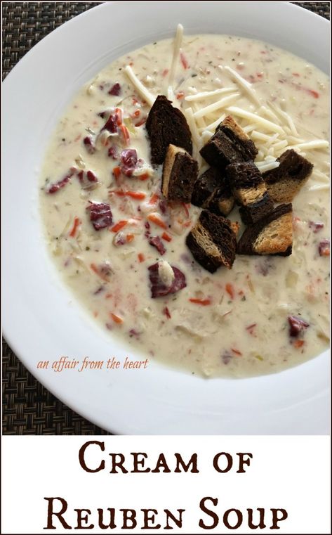 Cream of Reuben Soup - If you love Reubens, you are sure to love this rich and creamy rendition of this popular sandwich in a soup! MAde by An Affair from the Heart for @FranksKraut #Sp Ruben Soup, Reuben Soup, Best Soup, Food Time, Best Soup Recipes, Savory Soups, Winter Soups, Soup And Stew, Soup And Sandwich