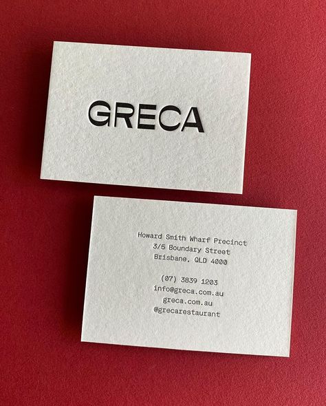 Greca – Hungry Workshop Business Card Letterpress, Artistic Business Cards, Business Cards Graphic Design, Letterpress Business Card Design, Box Logo Design, Best Business Cards, Typography Business Cards, Designer Business Card, Business Card Design Minimalist