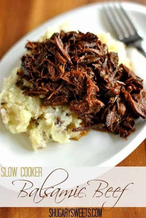 Slow Cooker Balsamic Shredded Beef Slow Cooker Balsamic Beef, Taco Lasagne, Chuck Roast Crock Pot Recipes, Crockpot Shredded Beef, Shredded Beef Recipes, Beef Crockpot, Pot Roast Crock Pot Recipes, Crockpot Meal, Shugary Sweets