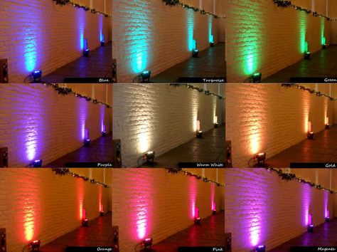 Our popular wedding uplighting colours in a handy quick-glance guide! Wedding Uplighting Colors, Wedding Uplighting Ideas, Glamorous Centerpieces, Havana Nights Party Theme, Wedding Uplighting, Uplighting Wedding, 80's Theme, Conference Ideas, Party Hall