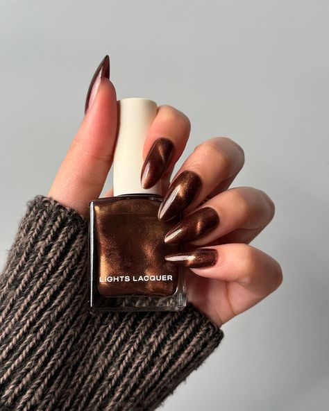 Lights Lacquer, Home for the Harvest 🧺 🐿️ Maple Street, a mahogany brown polish with a fine golden shimmer and magnetic finish • use code COLORNOOK to save on your purchase @lightslacquer • use code THECOLORNOOK to save on your purchase @nominal #lightslacquer #homefortheharvest #fallnails #fallnailcollection #nailpolishswatch #nailswatch #nailinspo #maplenails #brownnails #cateyenails #darknails #magneticnails magnetic cat eye brown maple nails golden shimmer Brown Tiger Eye Nails, Brown Cats Eyes Nails, Brown Cat Eye Nails Design, Dark Brown Cat Eye Nails, Brown Magnetic Nails, Brown Shiny Nails, Golden Brown Nails, Brown Velvet Nails, Brown Cateye Nail