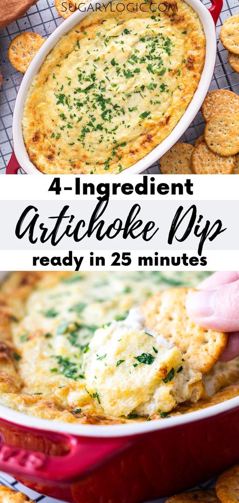 Get ready to wow your guests with this irresistibly delicious, 4-ingredient baked artichoke dip. It's quick and easy to make. The secret to this scrumptious appetizer lies in the harmonious blend of ingredients, making each bite a party in your mouth. Try this simple artichoke dip recipe today! Simple Artichoke Dip, Hot Artichoke Dip Recipe, Artichoke Dip Recipe Easy, Baked Artichoke Dip, Artichoke Dip Easy, Spinach Artichoke Dip Easy, Best Spinach Artichoke Dip, Marinated Artichokes, Hot Artichoke Dip