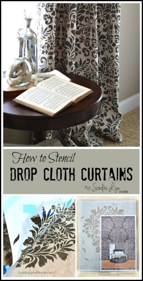 How to Stencil Drop Cloth Curtains --  Sondra Lyn at Home Painting Drop Cloth Curtains Ideas, Bleached Drop Cloth Curtains, Dyed Drop Cloth Curtains, Stencil Curtains Diy, Painting Curtains, Stenciled Curtains, Drop Cloth Projects, Cloth Curtains, Painted Curtains