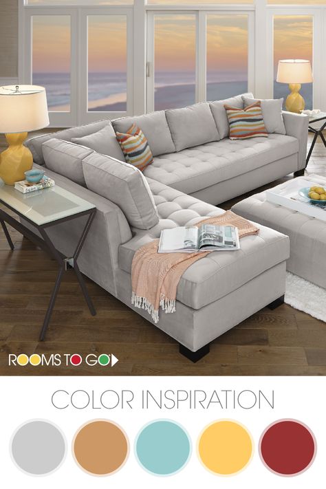 Get some living room color palette inspiration from our Calvin Heights sectional set. The bold platinum of the sectional lends fantastic eye appeal while the free-flowing wave pattern on the pillows and chair are bold and add character. This living room style brings a classic contemporary feel that has just the right amount of upscale elegance. Shop this room and find other color palette inspiration now! Living Room Color Palette, Play Loft, Room Color Palette, Sitting Room Ideas, Color Palette Living Room, Gray Sectional, Color Palette Inspiration, Unique Sofas, Living Room Styles