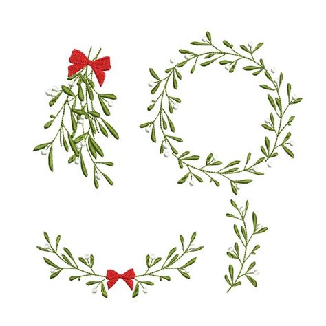 Christmas Mistletoe Branch Border and Wreath for Machine - Etsy Mistletoe Wreath Drawing, Embroidery Mistletoe, Santa Claus Embroidery, Mistle Toe, Mistletoe Embroidery, Wreath Drawing, Christmas Embroidery Patterns, Christmas Doodles, Border Embroidery Designs