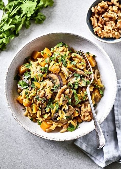 Mushroom & Walnut Orzetto - California Walnuts Savoury Walnut Recipes, Recipes With Walnuts Dinner, Mushroom And Walnut Meat, Mushroom Walnut Lasagna, Vegan Mushroom Orzo Recipes, Vegan Mushroom Orzo, Pasta With Wild Mushrooms, Mushroom Ragu, Squash Vegetable