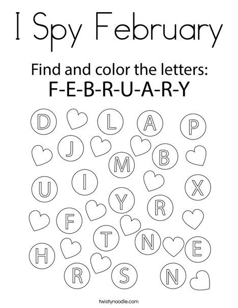 I Spy February Coloring Page - Twisty Noodle February Preschool Worksheets, February Worksheets, Worksheets For Elementary, Valentine Worksheets, February Lessons, February Activity, February Crafts, Preschool Valentines, Pre K Activities