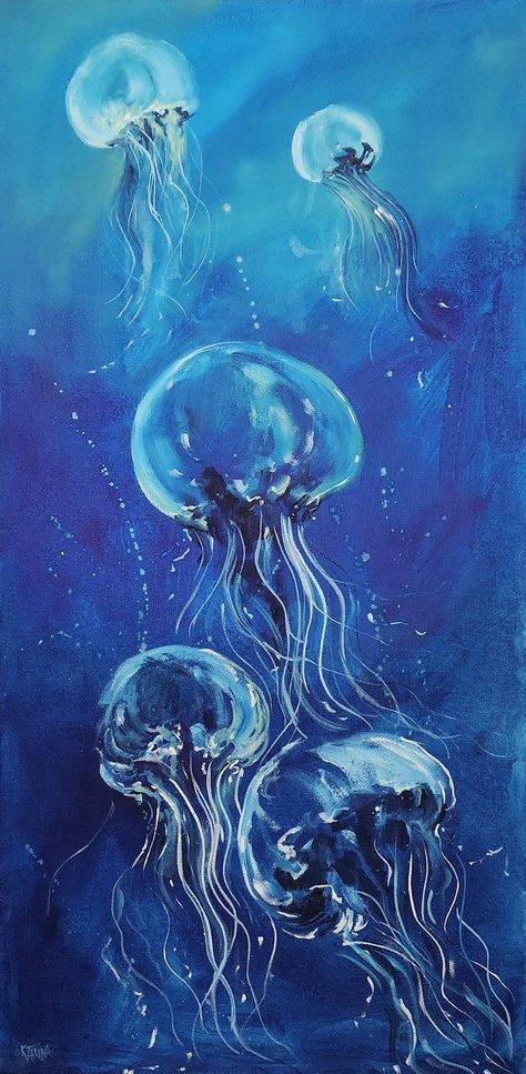 Jellyfish Oil Painting, Blue Acrylic Painting Ideas, Sea Animals Painting, Painting Sea Animals, Ocean Painting Acrylic, Sealife Art, Blue Oil Painting, Ocean Oil Painting, Jellyfish Painting