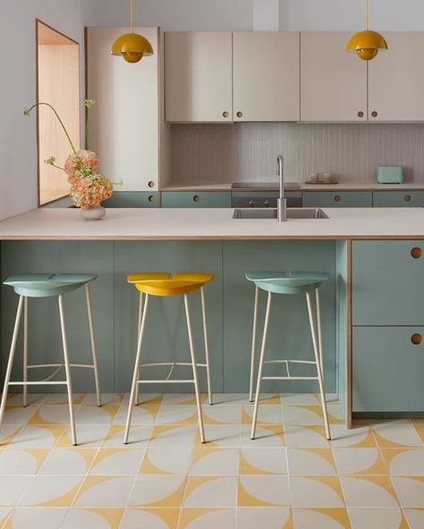 Mosaic Factory on Instagram: "Tiles play a major role in this stunning renovation project by @paulaabalosarq. The colourful interior features bespoke cement tiles with retro geometric designs, adding a vibrant fun touch to the kitchen and bathrooms. Which tile design speaks to you most: yellow, pink, or green? Comment below!  As featured in @elledecoration_es  Photos by @sergiopradana.info Kitchen by @cubro_design  #cementtiles #featurefloor #floordesign #colourfulinteriors" Pastel Cabinets, Cocina Ideas, Colourful Tile, Cement Tiles, Kitchen Benches, Geometric Tiles, Interior Designing, Retro Geometric, Kitchen Inspo