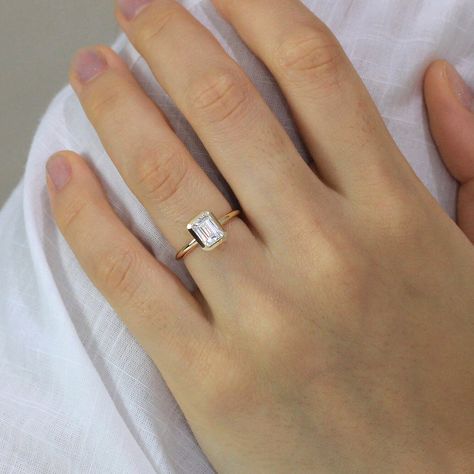 Dainty Emerald Cut Engagement Ring, Bezel Emerald Engagement Ring, Emerald Bezel Engagement Ring, Emerald Bezel Ring, Emerald Cut Engagement Ring, Diamond Promise Ring, Ring Inspo, Ring Emerald Cut, Bezel Engagement Ring