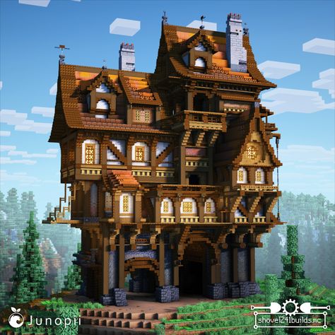 Minecraft build of a medieval tavern with tudor influences. The structure is mainly made out of dark oak and spruce wood. Tudor Style Minecraft House, Minecraft Harbor Medieval, Medieval Tavern Minecraft, Minecraft Medieval Town Hall, Minecraft Tavern Build, Minecraft Tudor House, Minecraft Tavern Ideas, Medieval House Design, Minecraft With Friends