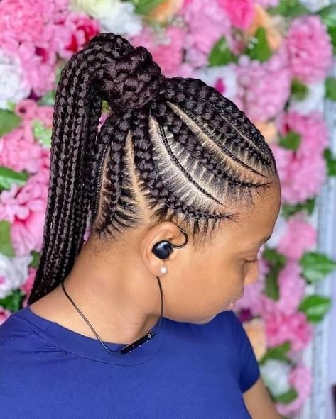 Feed In Braids With Ponytail, Medium Feed In Braids Ponytail, Upstyle Braids For Black Hair, Cornrow Ponytail Hairstyles Black Women, Stitch Braid Hairstyles, 8 Feed In Braids, Feed In Styles, Feedin Ponytail Braids, Braids With Ponytail