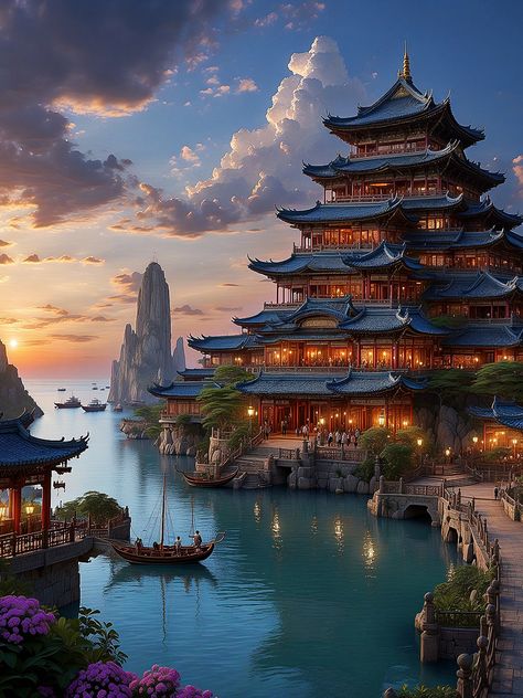 Japanese Castle Concept Art, Chinese Castle Fantasy Art, Asian Castle Aesthetic, Fantasy Japanese Castle Art, Japanese Palace Fantasy Art Interior, Medieval Japan, Japanese Buildings, Japanese Castle, Dreamy Artwork