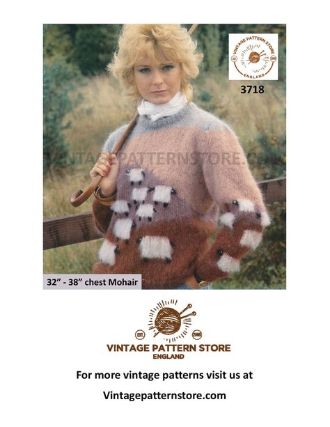 Ladies Womens 80s vintage round neck mohair raglan sheep intarsia patterned sweater jumper pdf knitting pattern 32" to 38" PDF download 3718 Mohair Sweater Pattern, Intarsia Patterns, Jumper Knitting Pattern, Patterned Sweater, Pattern Store, Pdf Knitting Pattern, Sweater Jumper, Sweater Knitting Patterns, Pattern Sweater