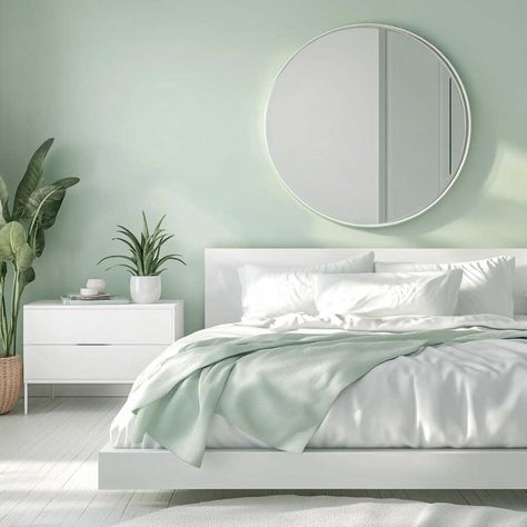 12+ Mint Bedroom Design for Couple with Fresh Decor • 333+ Inspiring Lifestyle Ideas Green Paint Bedroom Ideas, Calm Bedroom Paint Colors, Green Paint Bedroom, Cozy Paint Colors, Green Paint Ideas, Cozy Bedroom Paint Colors, Mint Green Bedding, Mint Green Bedroom, White Platform Bed