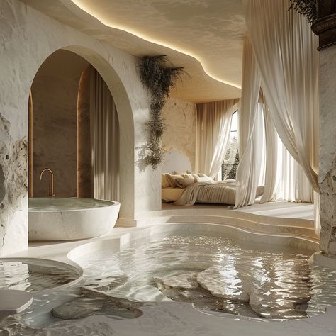 A bed and bath made for the gods. #Marble #InteriorDesign #Minimalism #Chic #Contemporary #Modern #Style #Home Marble Room Aesthetic, White Aesthetic Bathroom, White Marble House, Spa Interior Design Ideas, White Marble Bathroom, Architecture Pictures, Bathroom Interior Design Luxury, Marble Bathrooms, Bathroom Marble