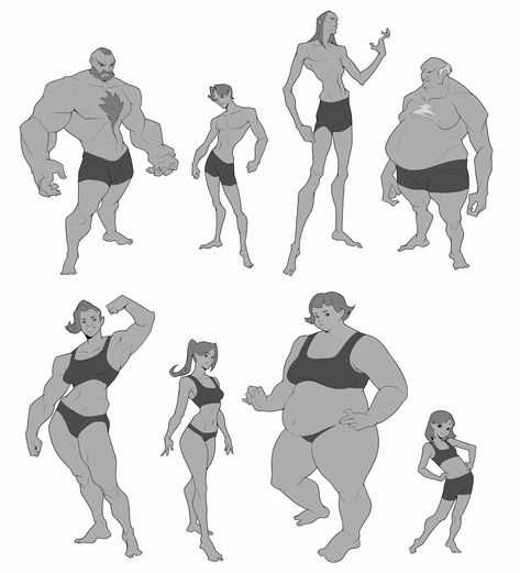 Character Shapes Body Types, Male Body Character Design, Male Character Design Body Types, Diverse Body Types Drawing, Character Design Proportions, Petite Character Design, Athletic Female Character Design, Character Design Body Shapes, Dynamic Magic Poses