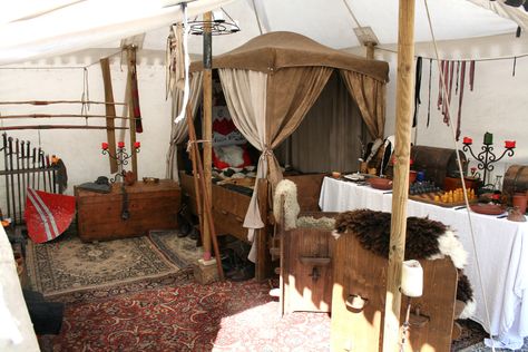 Interior of Medieval Pavilion Medieval Core, Medieval Bed, Medieval Bedroom, Viking Tent, Tent Structure, Medieval Fair, Pavilion Plans, Cabin Aesthetic, Tent Decorations