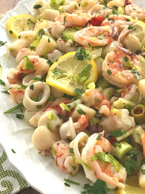 Italian Seafood Salad - Proud Italian Cook Italian Seafood Salad Christmas Eve, Italian Fish Salad, Cold Fish Salad, Italian Shrimp Salad, Seafood Antipasto, Italian Seafood Salad Recipe, Cold Seafood Salad, Italian Seafood Salad, Seafood Salad Recipe