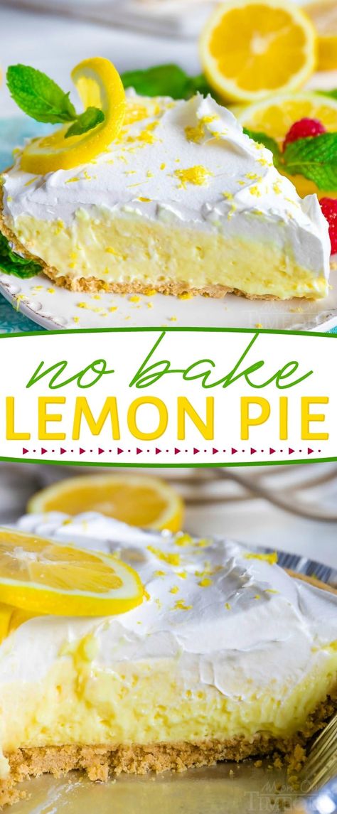 This easy No Bake Lemon Pie is perfect for hot summer days! Loaded with tart lemon flavor, the creamy lemon filling goes perfectly with the graham cracker crust and fresh whipped cream topping. Delicious! // Mom On Timeout #lemonpie #lemonpierecipe #nobakelemonpie #nobake #dessert #lemon #desserts #summer #lemon #grahamcrackercrust Easy Lemon Pie, No Bake Lemon Pie, Nobake Dessert, Dessert Crepes, Dessert Lemon, No Bake Lemon, Whipped Cream Topping, Lemon Pie Recipe, No Bake Summer Desserts